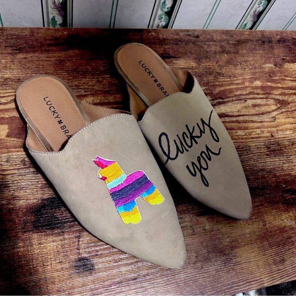 Lucky Brand Tan Mules with Colorful Embroidery